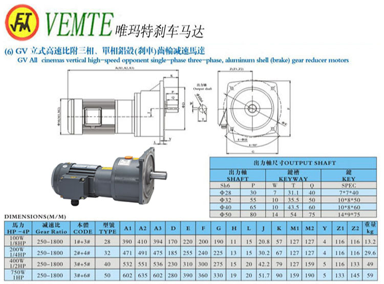 GV立式高速比付三項，單項鋁殼剎車齒輪減速馬達